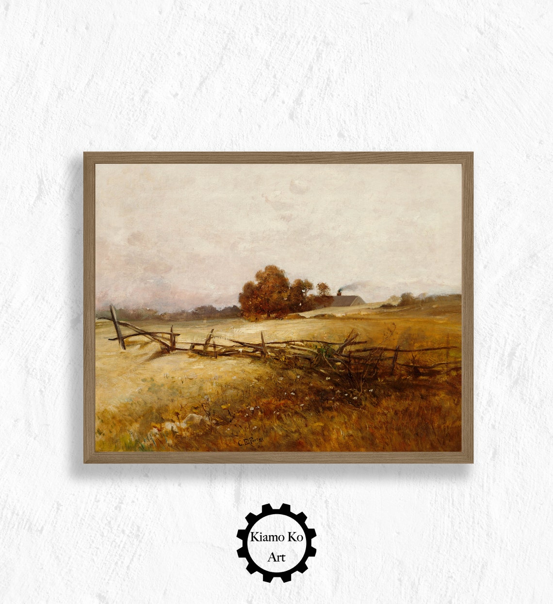 Golden Autumn Farm Field Split Rail Fence Vintage Countryside Poster