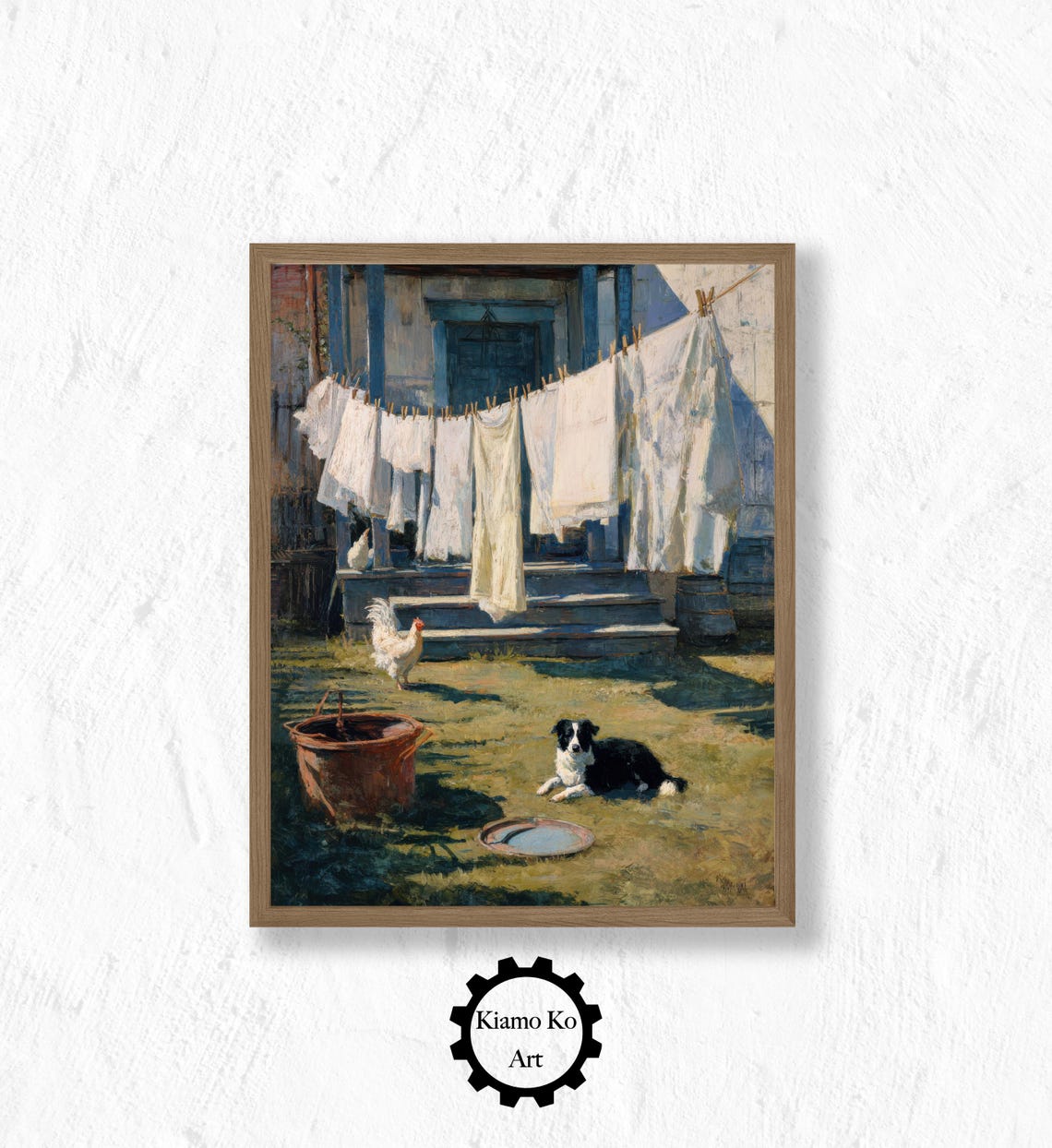 Dog Resting in a Sunny Farmyard with Laundry Lines Vintage Art Poster