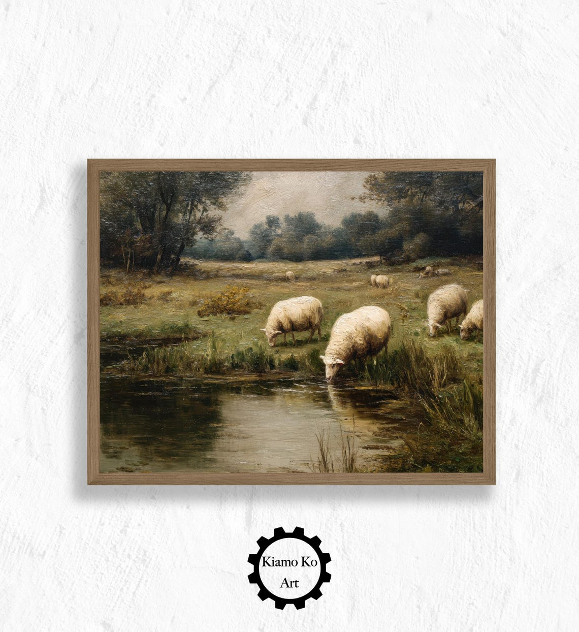 Sheep Drinking at a Forest Stream Pastoral Landscape Wall Decor Poster