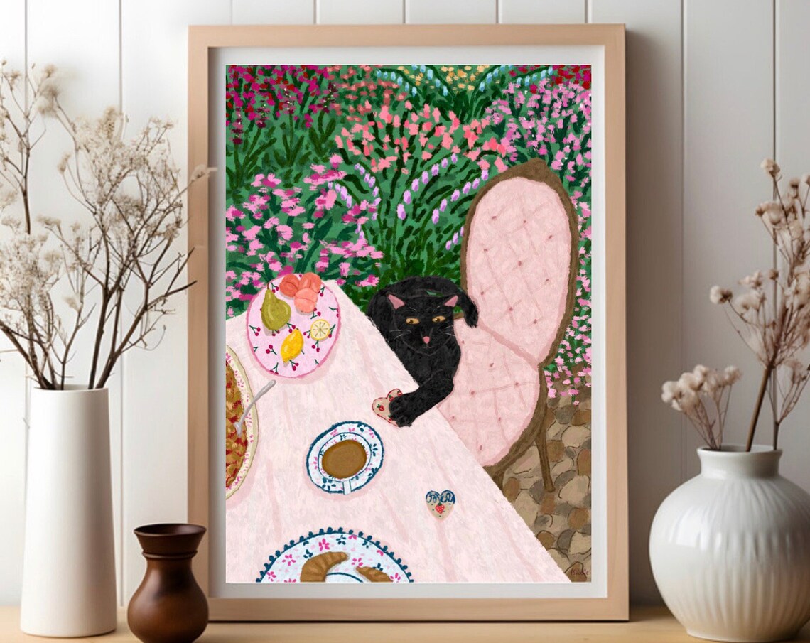 Garden Cat Print, Floral Cat Art Print