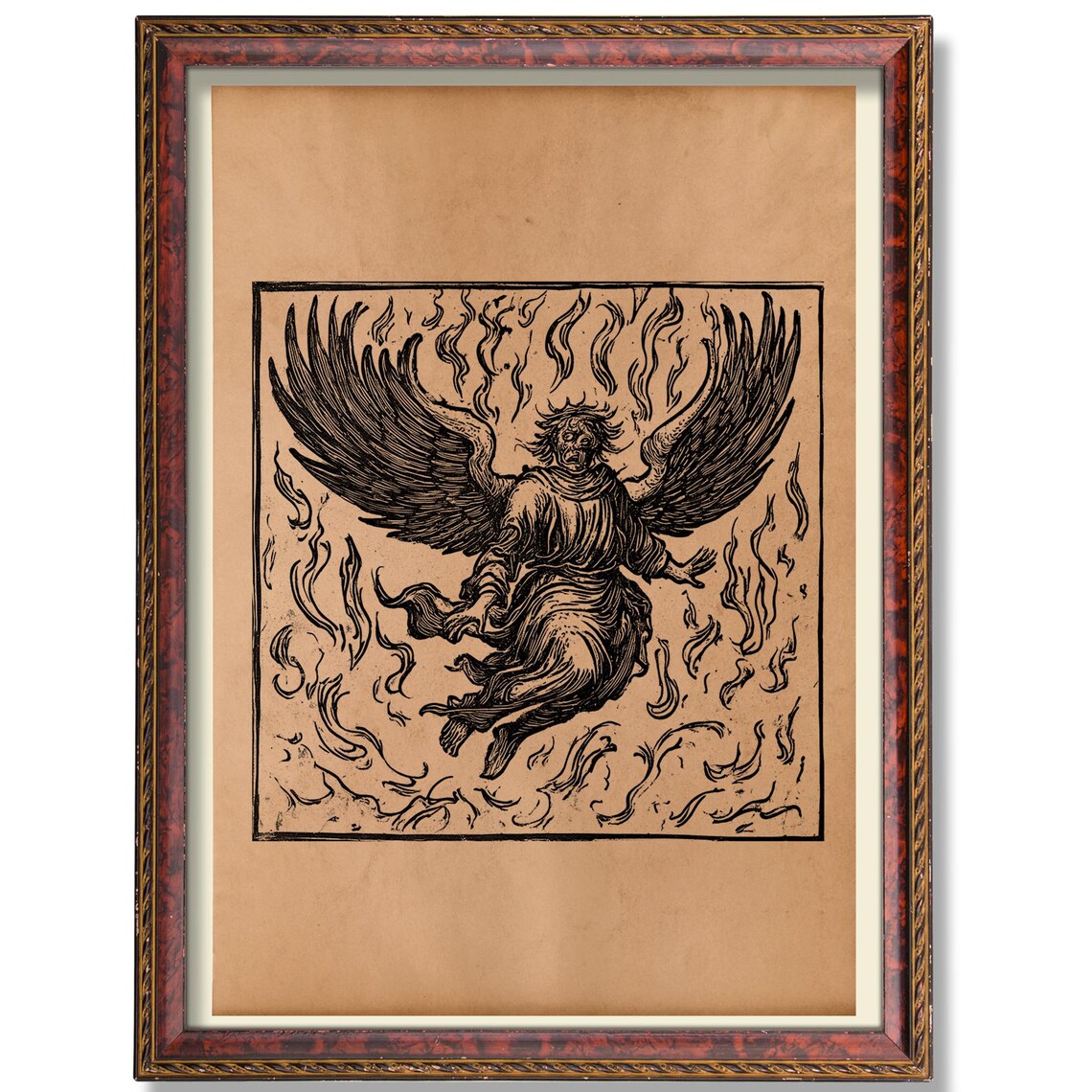 Lucifer Fallen Angel Medieval Flames Woodcut Dark Occult Art Poster