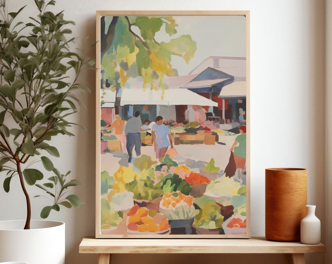 Farmers Market Produce Stalls Watercolor Painting Vibrant Food Poster