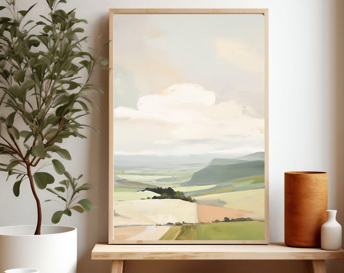 Minimalist Countryside Fields Painting Patchwork Farm Soft Sky Poster