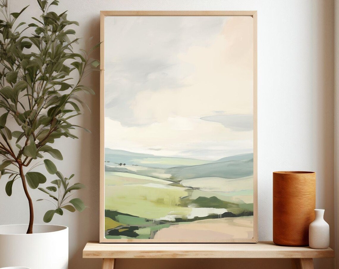Minimalist Soft Green Hills Painting Calm Neutral Landscape Poster