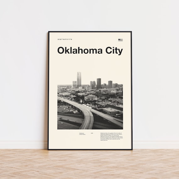 Travel Oklahoma City Mid Century Black White Skyline Photo Poster