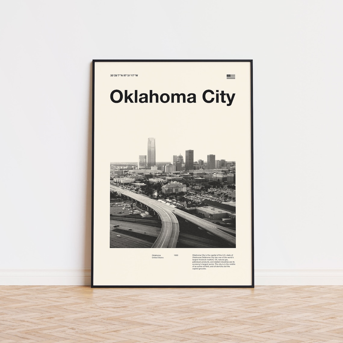 Travel Oklahoma City Mid Century Black White Skyline Photo Poster