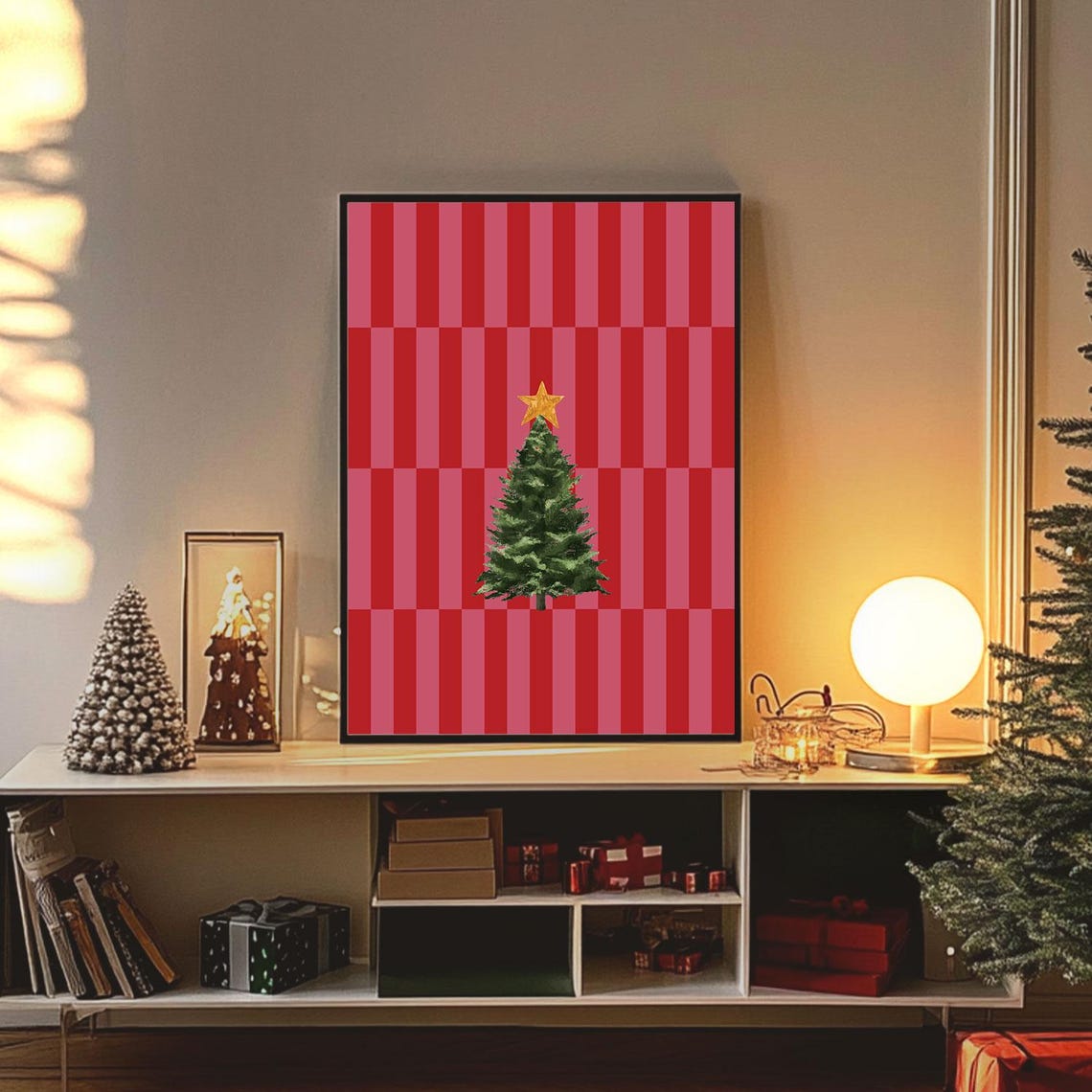 Cheerful Christmas Tree on Pink Stripes Modern Holiday Art Poster - Image 4