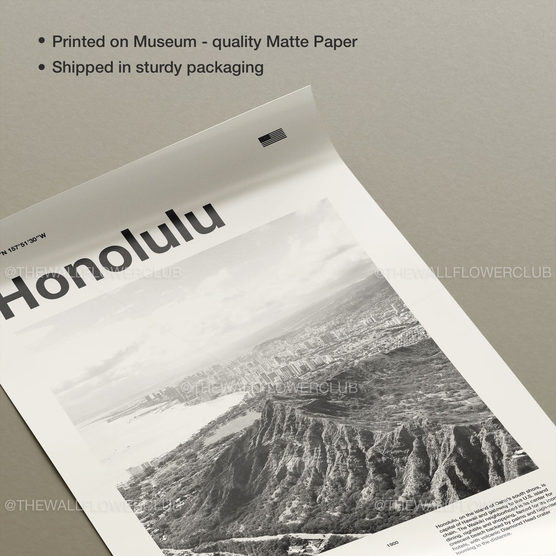 Honolulu Hawaii Diamond Head Black And White Photo Art Poster - Image 2
