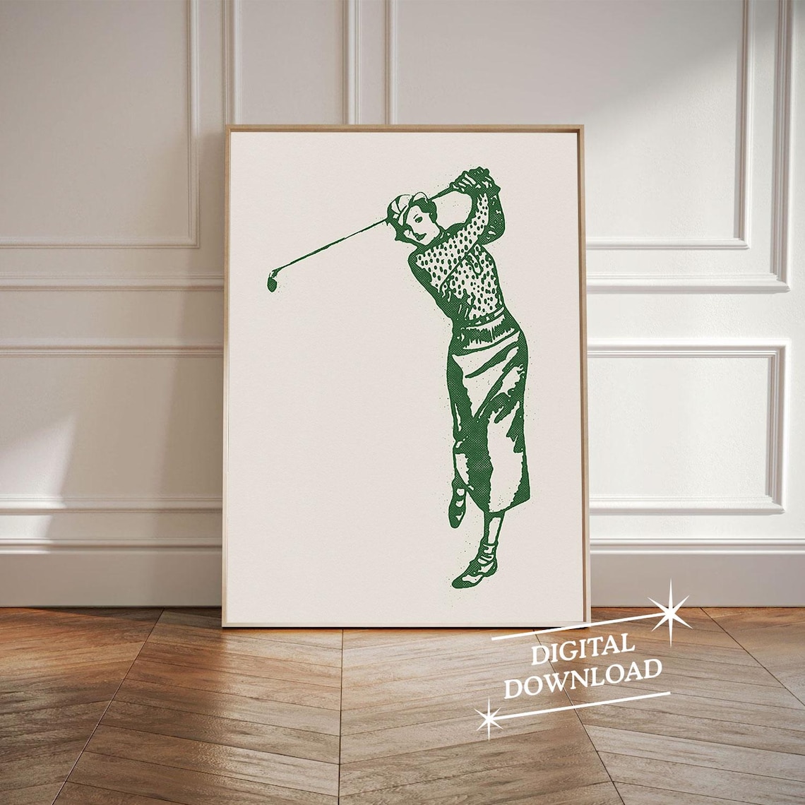 Vintage Woman Golfer Mid Century Modern Green Ink Sports Art Poster