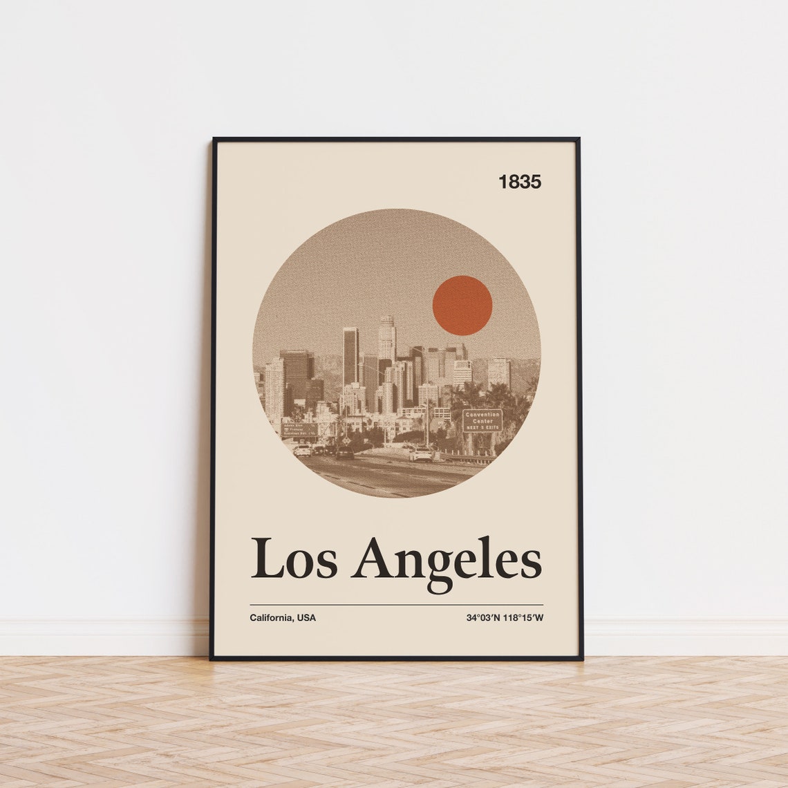 Los Angeles Sepia Skyline Circular Retro California Travel Poster