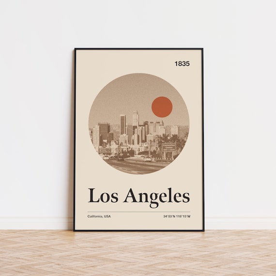 Los Angeles Sepia Skyline Circular Retro California Travel Poster
