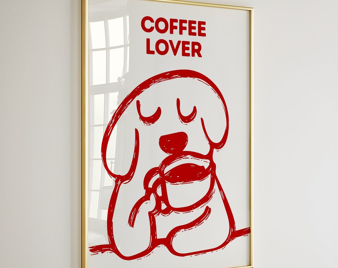 Cute Red Line Art Coffee Lover Dog Holding Mug Kitchen Poster - Image 2
