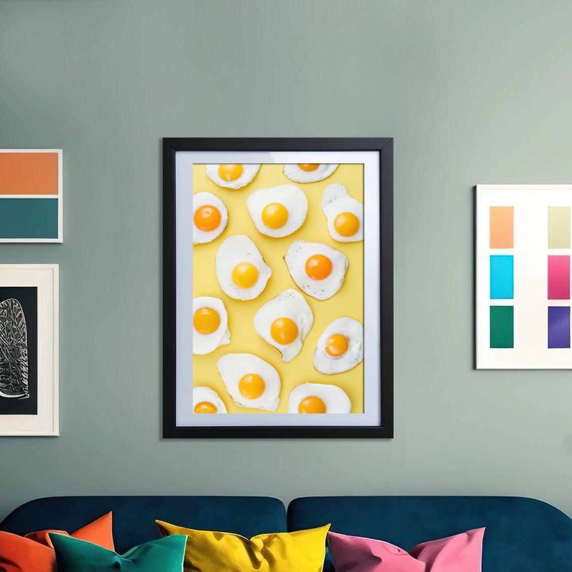 Sunny Side Up Fried Eggs On Yellow Background Fun Retro Kitchen Poster - Image 2