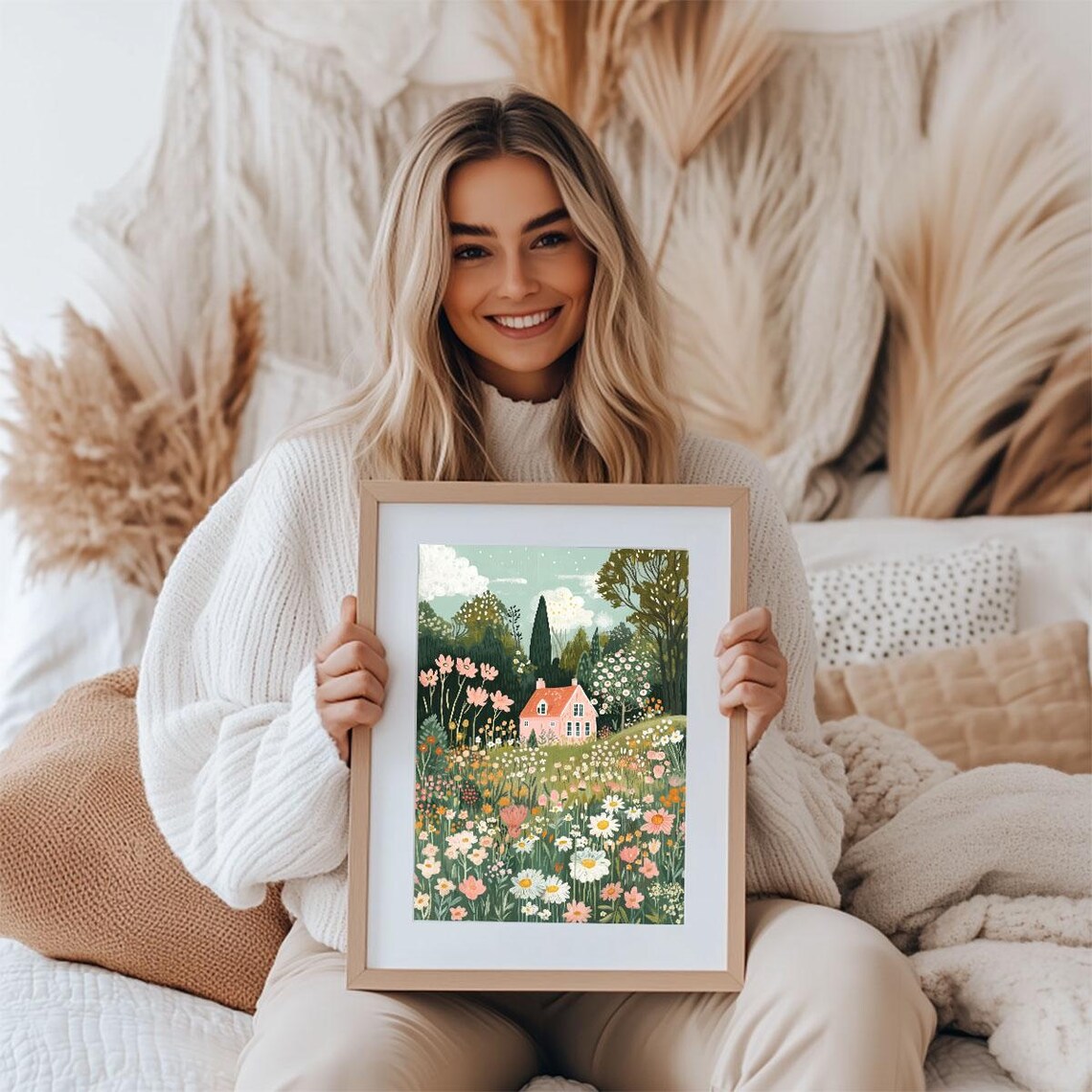 Pink Cottage In Wildflower Meadow Whimsical Storybook Home Art Poster - Image 2