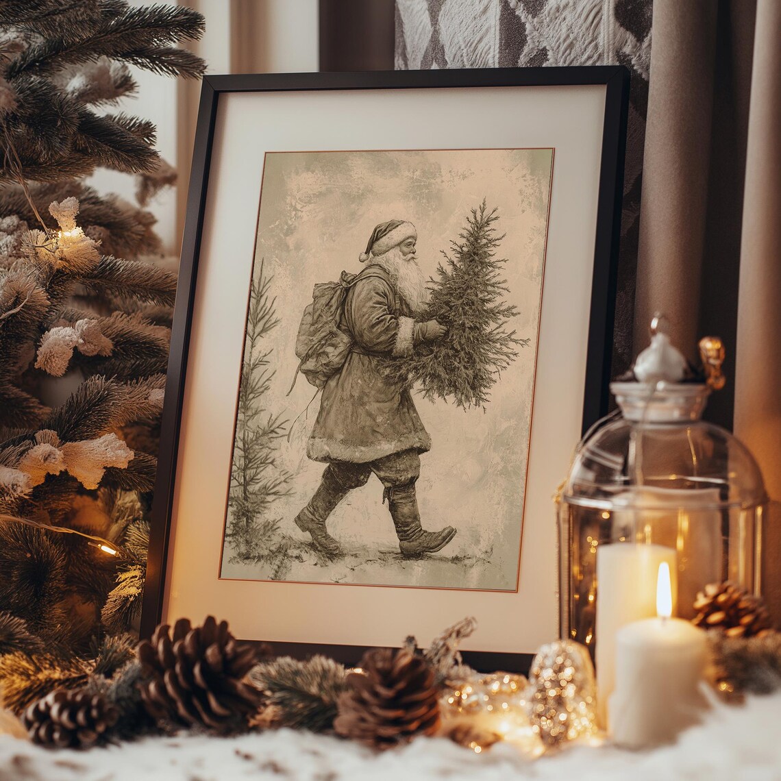 Vintage Santa Carrying Christmas Tree Sepia Drawing Holiday Art Poster - Image 3