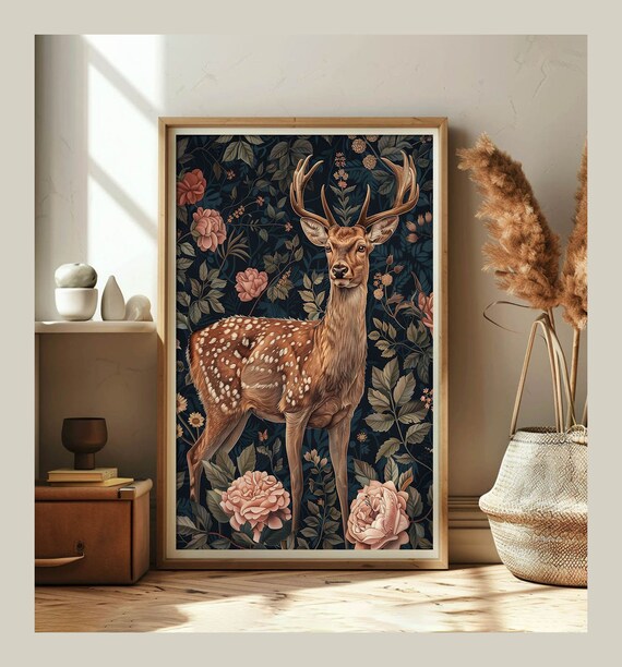 Spotted Fallow Deer Stag In Midnight Blue Floral Forest Night Art Poster