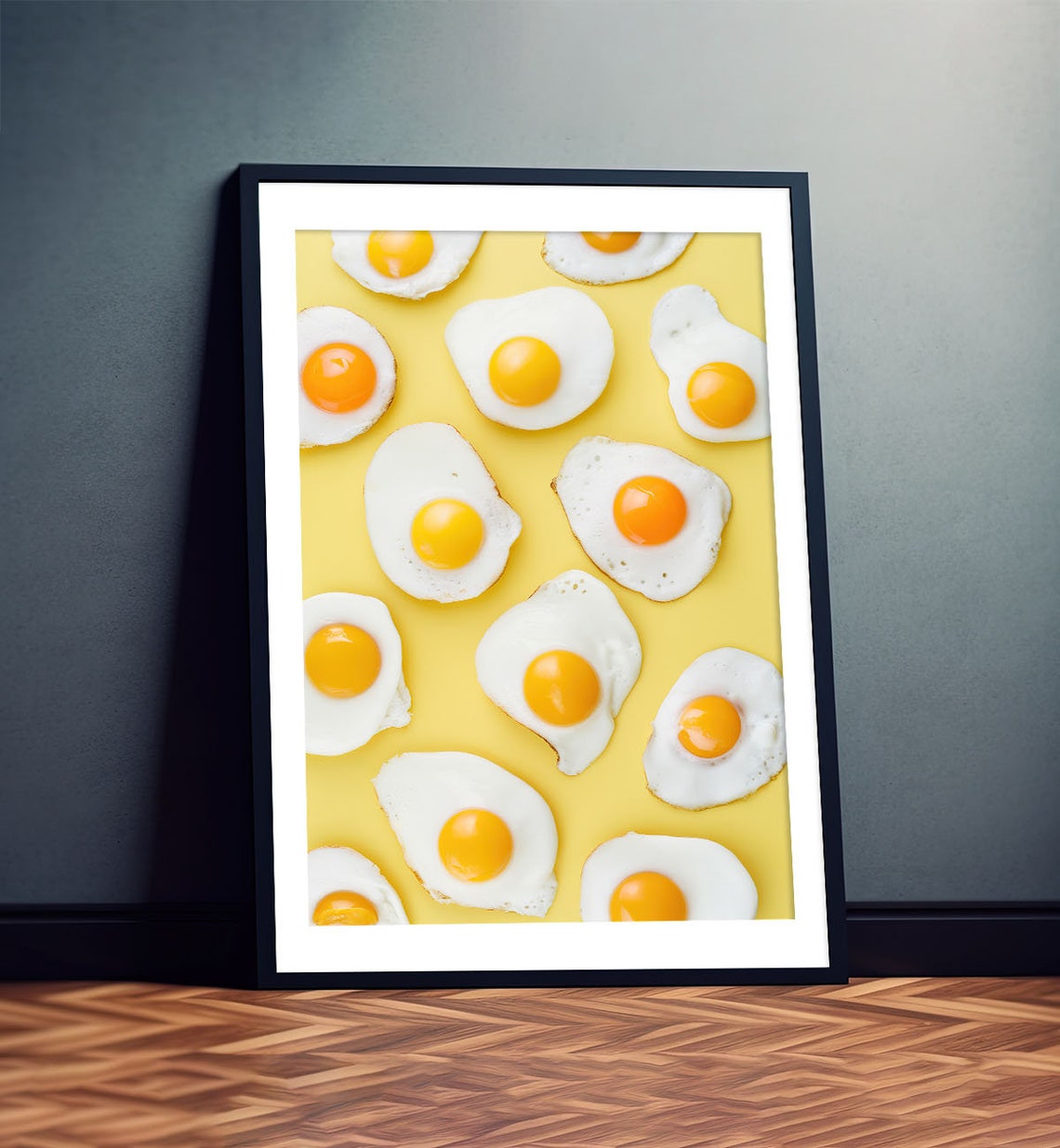 Sunny Side Up Fried Eggs On Yellow Background Fun Retro Kitchen Poster