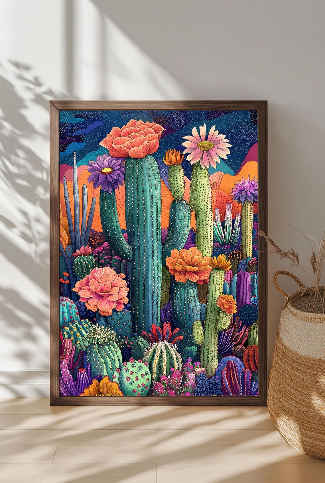 Tall Blooming Cacti With Giant Flowers Neon Desert Night Scene Poster - Image 4