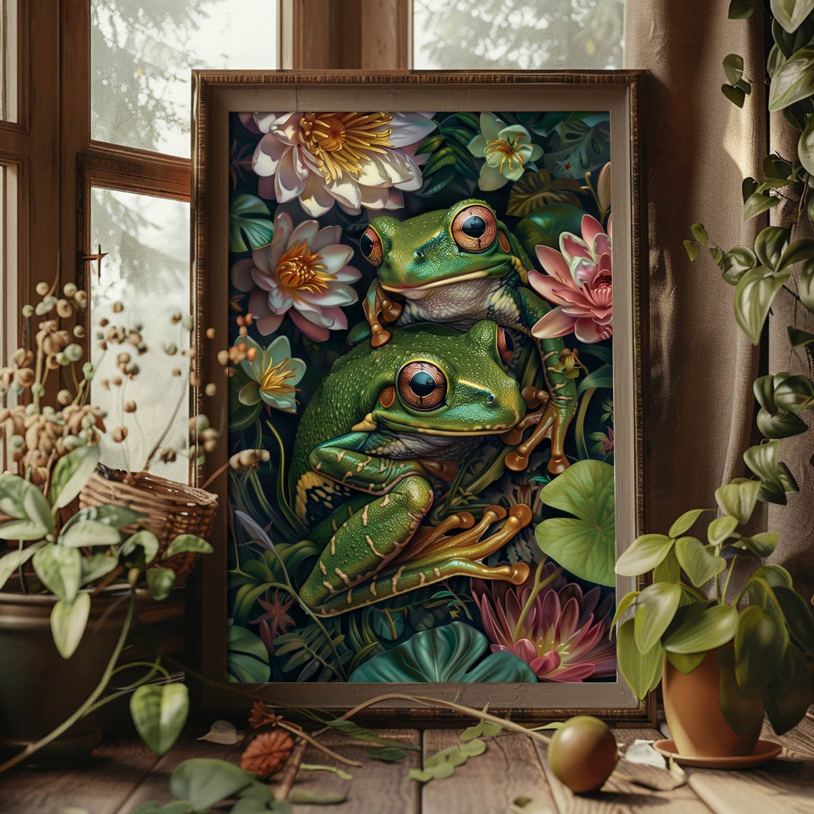 Two Green Tree Frogs Among Blossoms Tropical Floral Art Poster - Image 3