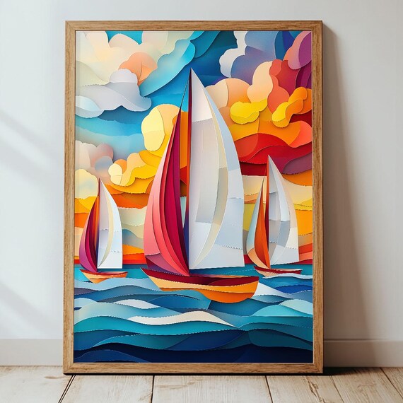 Colorful Sailboats Paper Cut Style Modern Ocean Sailing Wall Art