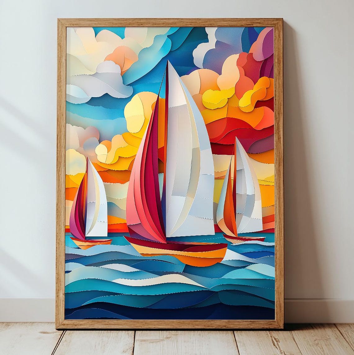 Colorful Sailboats Paper Cut Style Modern Ocean Sailing Wall Art