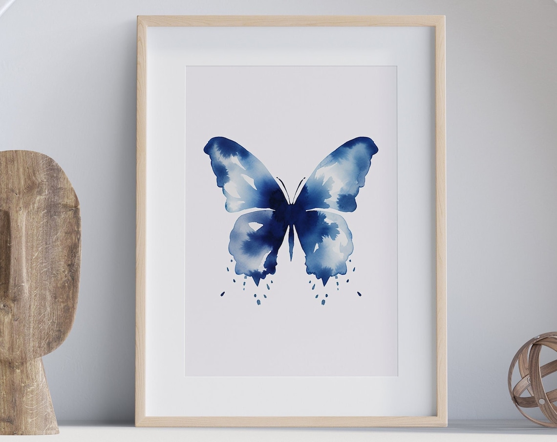 Blue Watercolor Butterfly Centered Wings Minimal Insect Poster