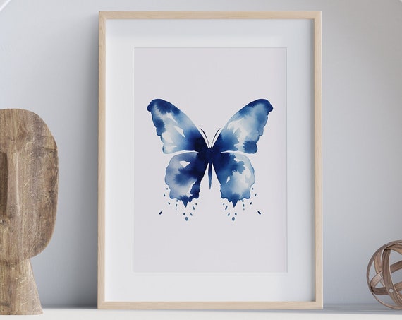 Blue Butterfly Painting Wall Art Poster Gift Watercolor Colorful Painting Illustration Nature Minimalist Decor Beach House