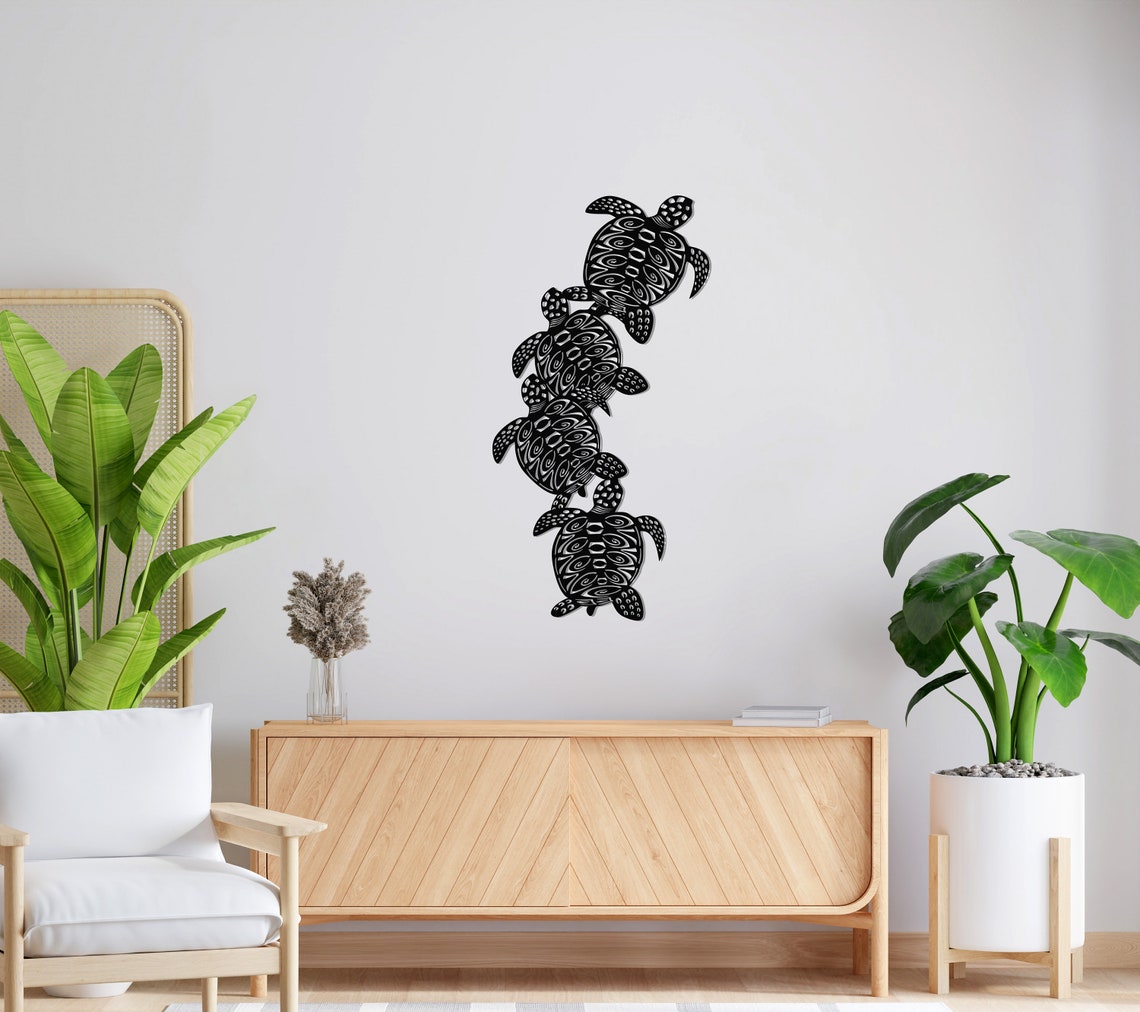 Sea Turtle Family Black Metal Vertical Wall Art Ocean Lover Decor Gift