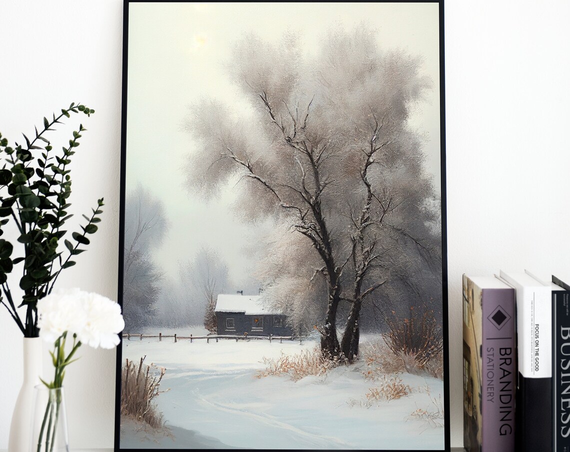 Snowy Winter Cabin Frosty Trees Misty Landscape Painting Poster