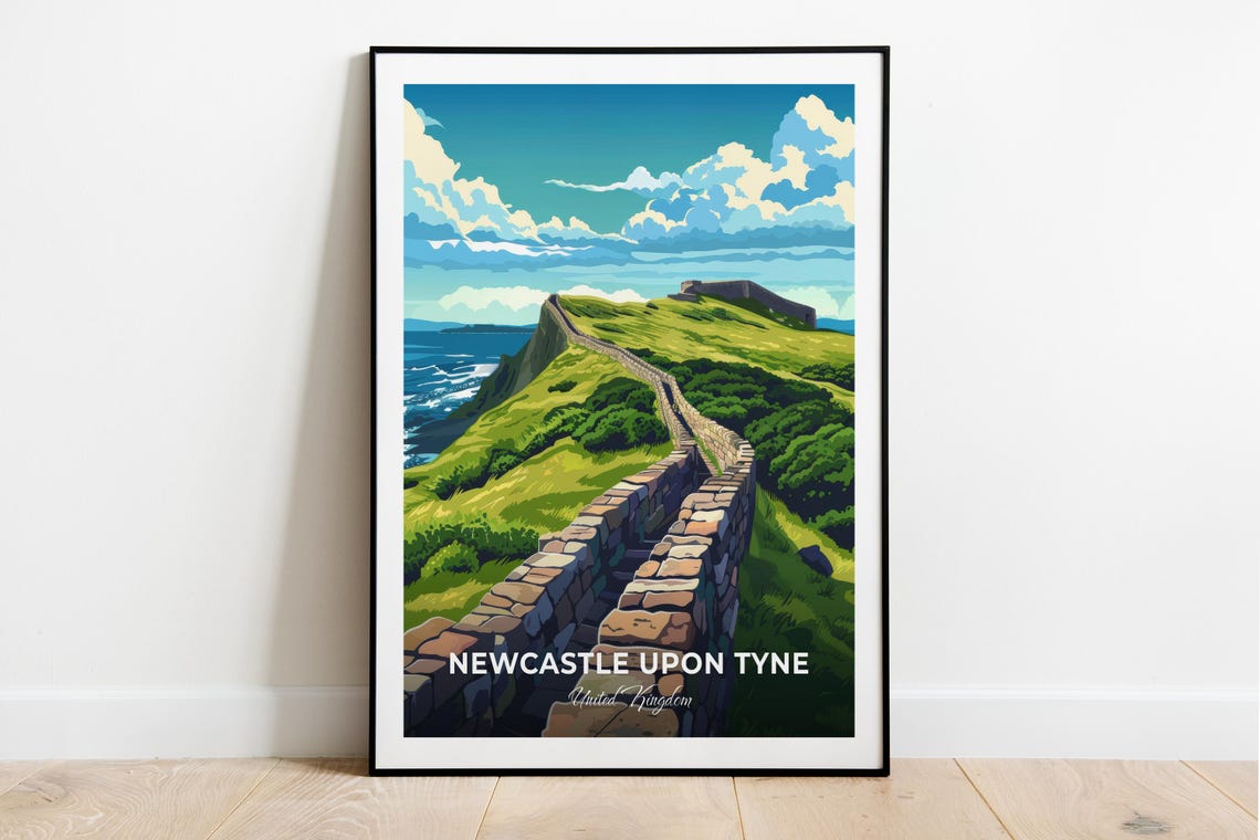 Newcastle England Hadrians Wall Roman Rolling Green Hills Coast Poster