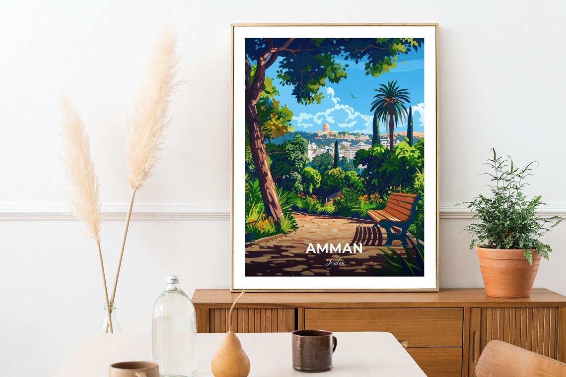 Amman Al Hussein Park Garden Bench Palm Skyline Jordan Travel Poster - Image 2