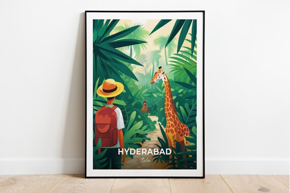 Hyderabad India Nehru Zoo Giraffe Jungle Safari Vintage Travel Poster