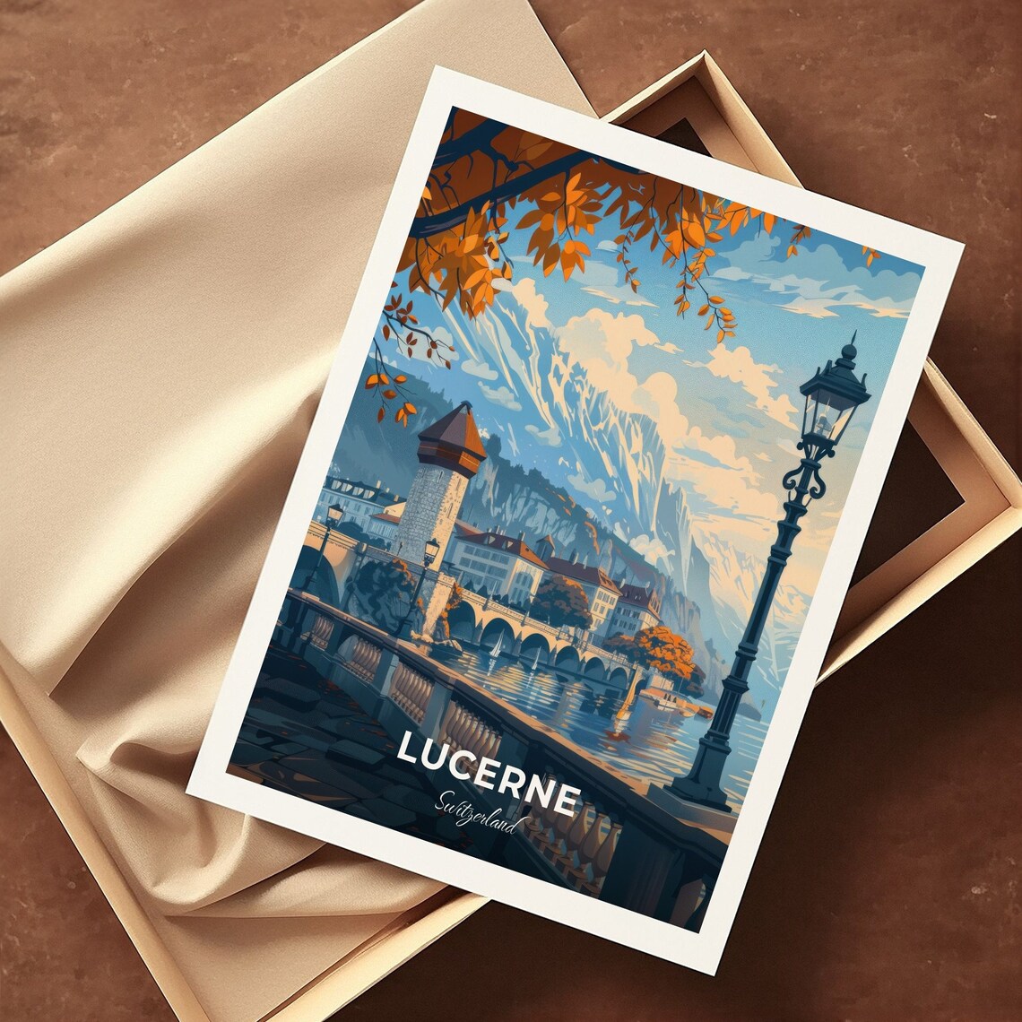 Lucerne Switzerland Alpine Chapel Bridge Lake Autumn Travel Poster - Image 3