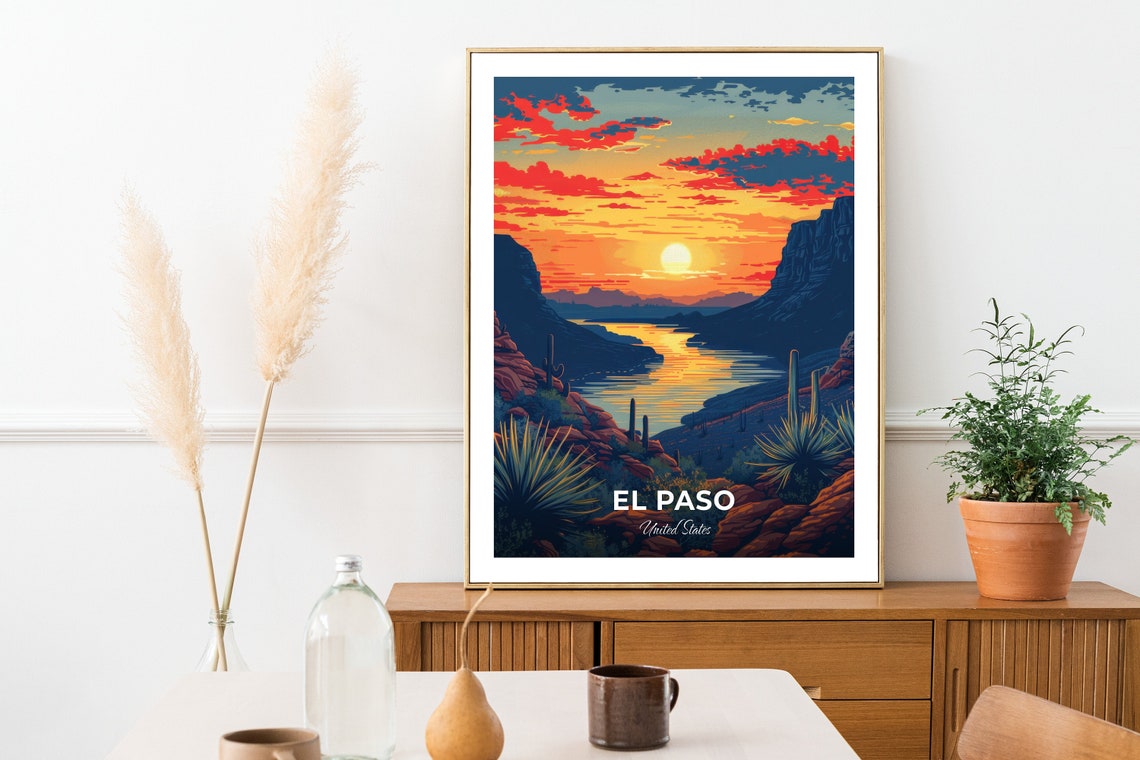 El Paso United States Desert Canyon Sunset With River and Cacti Poster - Image 3