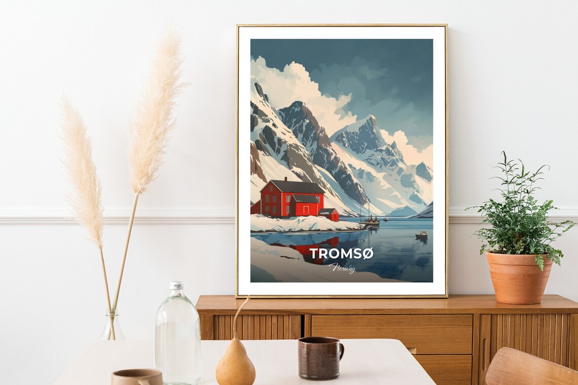 Tromso Norway Red Cabin Fjord Mountain Winter View Travel Poster - Image 2