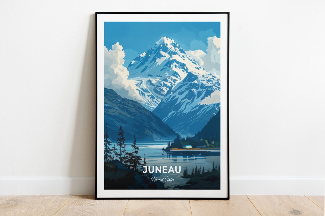 Juneau Alaska Snowy Mountain Peak Harbor Water Evergreens Travel Poster