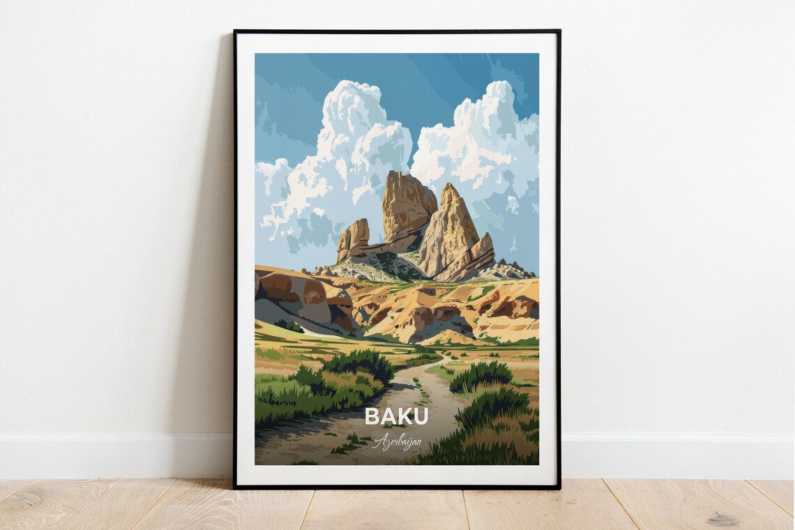 Baku Azerbaijan Gobustan Desert Rock Formations Steppe Travel Poster