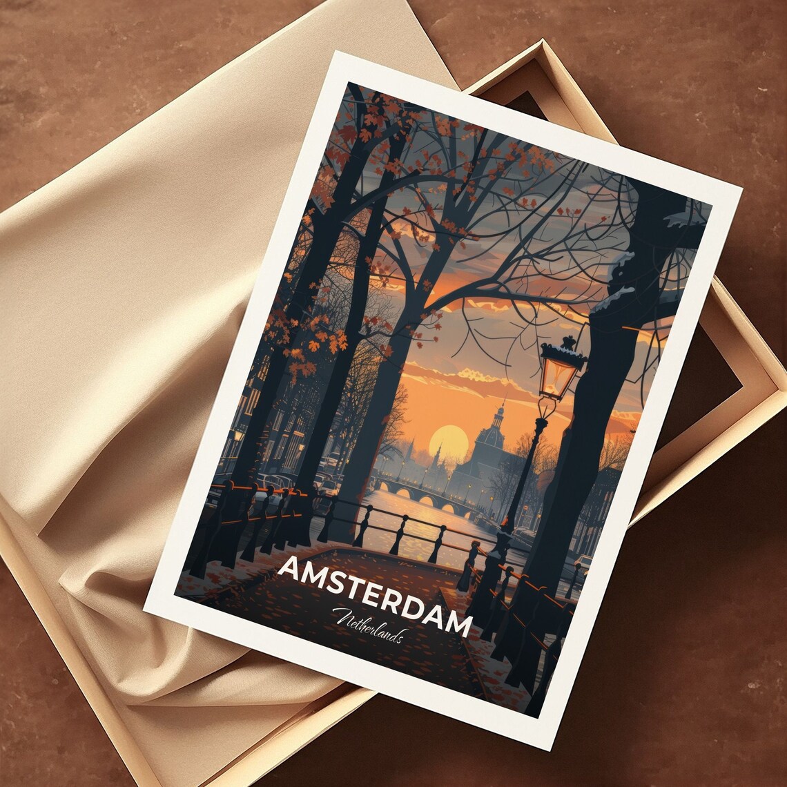 Amsterdam Autumn Canal Sunset Lamppost Glow Travel Scene Poster - Image 3