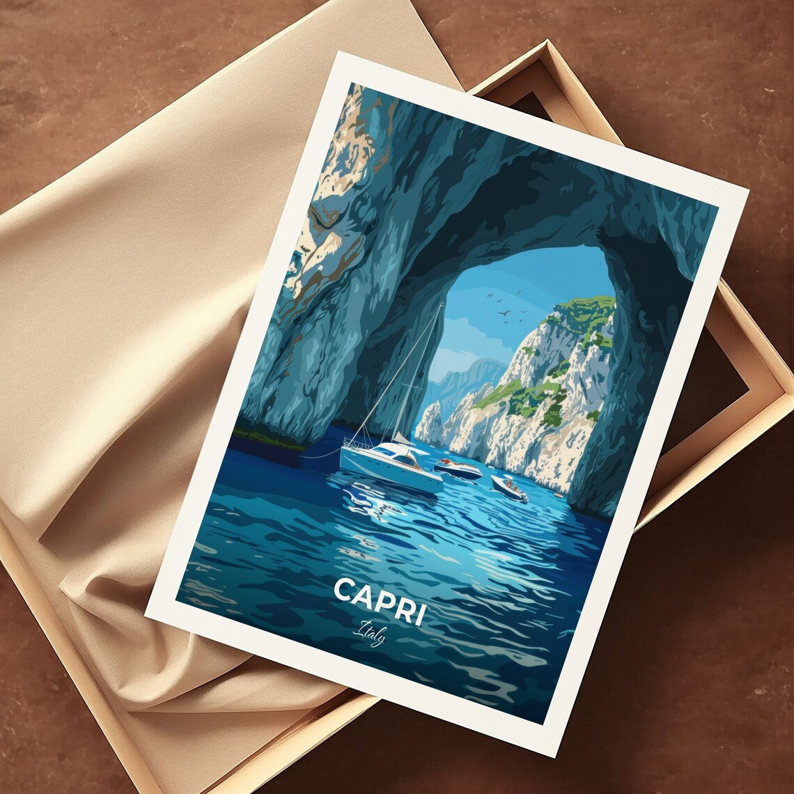 Capri Italy Blue Grotto Cave Arch Boats Turquoise Sea Travel Poster - Image 3