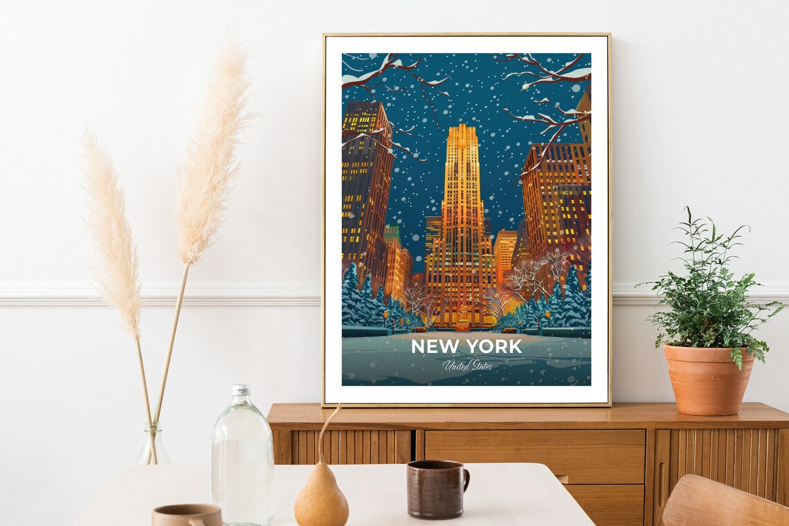 New York United States Rockefeller Center Winter Snow Travel Poster - Image 2