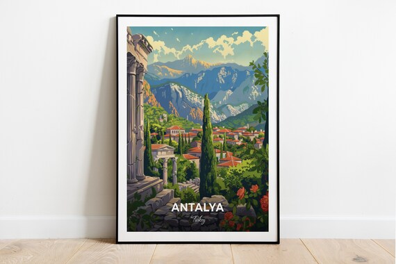 Antalya Ancient Ruins Overlooking Town And Mountains Turkey Travel Poster