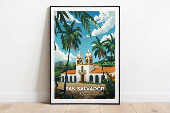 San Salvador Colonial Church Twin Bell Towers Palm Travel Poster