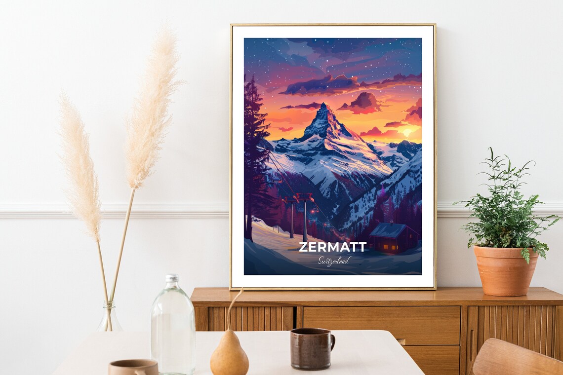 Zermatt Switzerland Matterhorn Alpenglow Ski Slopes Cabin Travel Poster - Image 2
