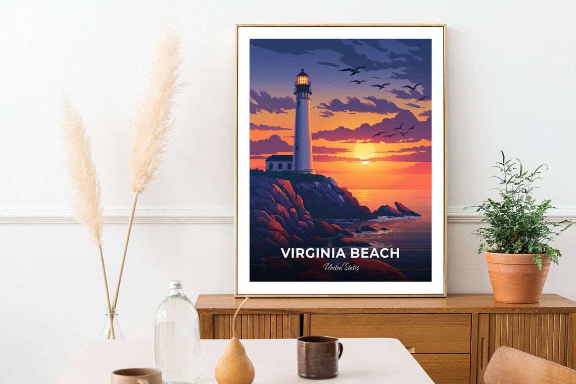 Virginia Beach Lighthouse Sunset Rocky Coast Seabirds Travel Poster - Image 2