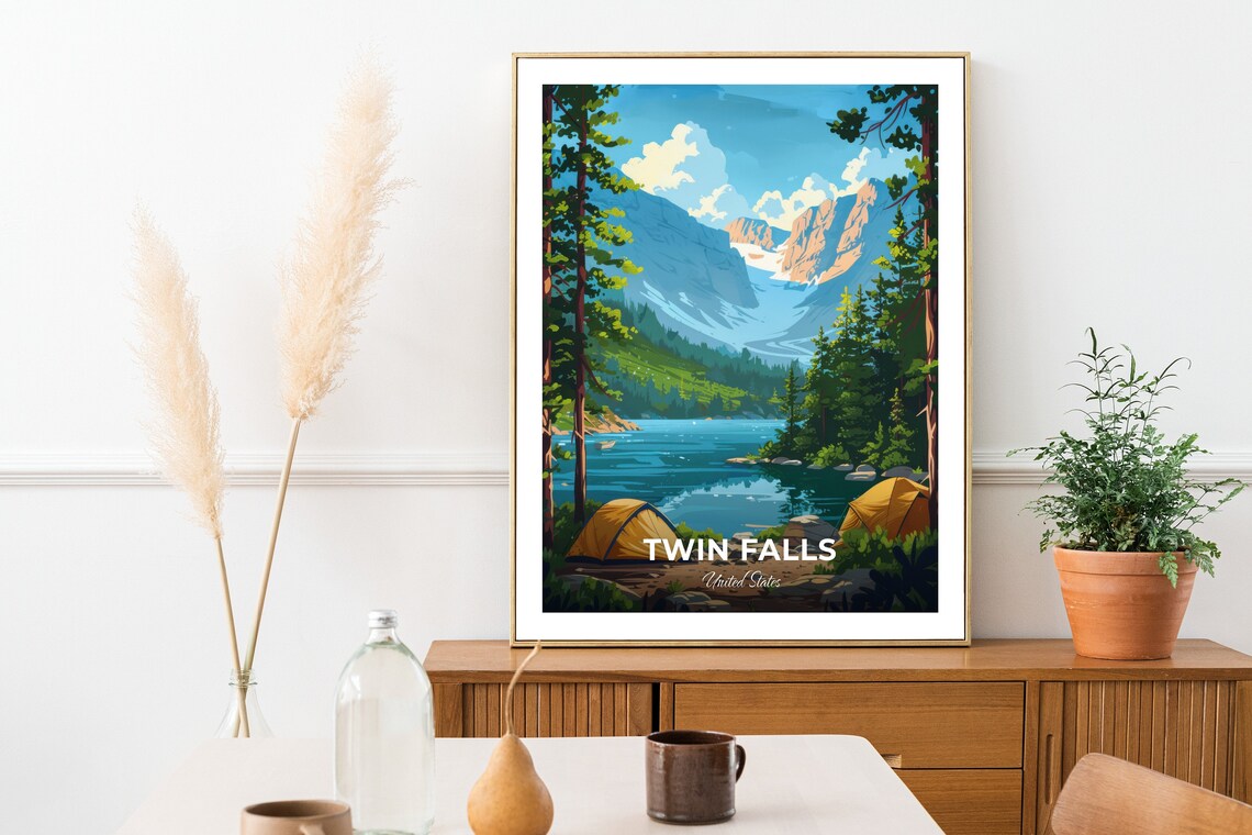 Twin Falls Mountain Lake Campsite With Tents United States Travel Poster - Image 2