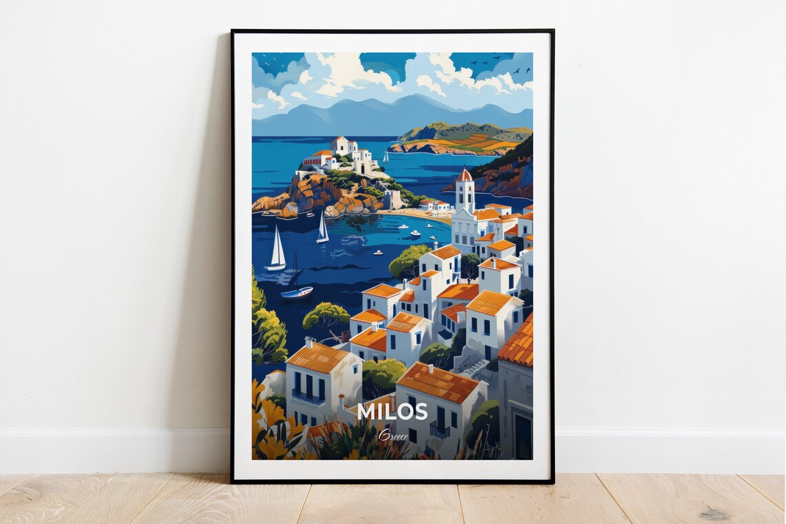 Milos Greece White Village Harbor Sailboats Blue Bay Sun Poster