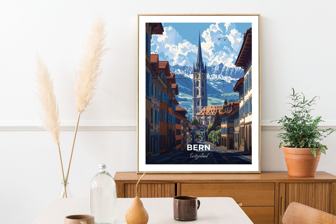 Bern Switzerland Munster Old Town Street Alps Backdrop Sunny Poster - Image 2