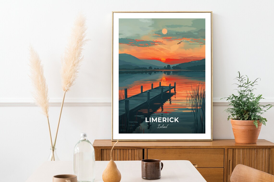 Limerick Ireland Quiet Lake Pier Sunset Glow Travel Art Poster - Image 2