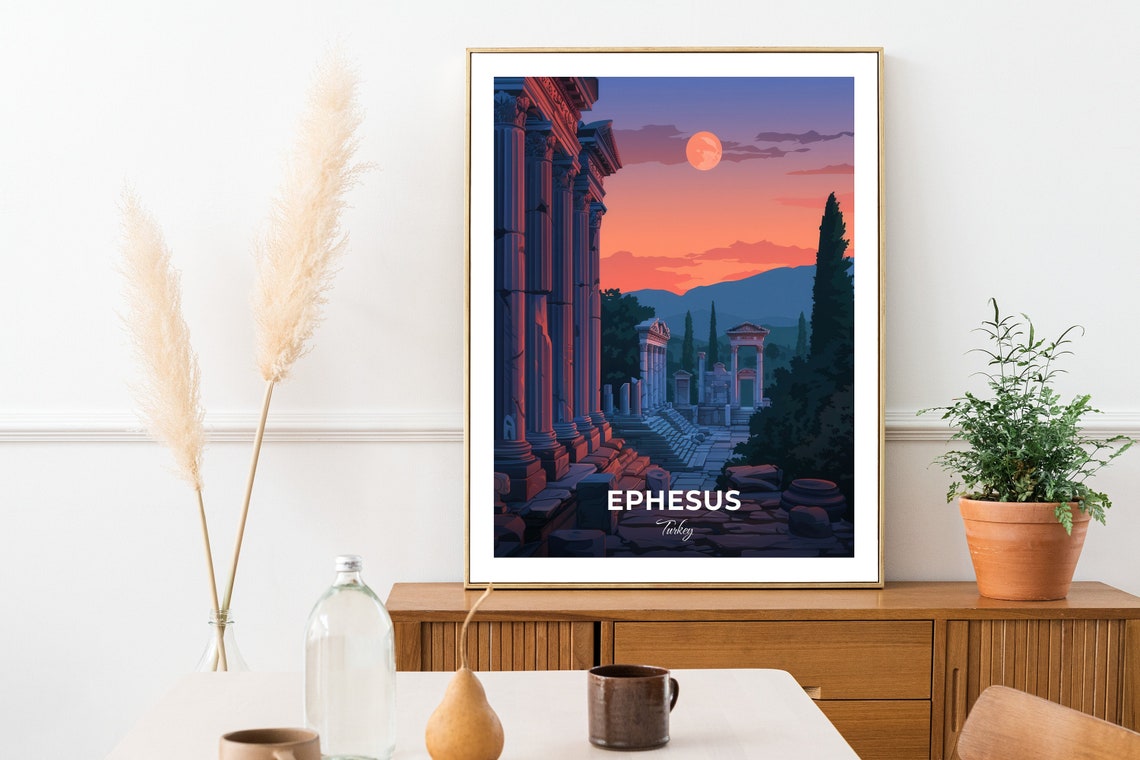 Ephesus Ancient Ruins Columns Full Moon Dusk Turkey Travel Poster - Image 2