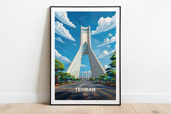 Tehran Iran Azadi Tower Landmark Blue Sky Boulevard Travel Poster